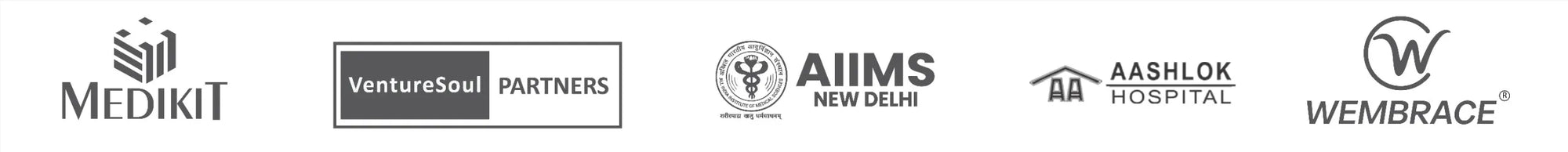 Logos of Medikit, VentureSoul Partners, AIIMS New Delhi, Aashlok Hospital, and Wembrace on a white background.