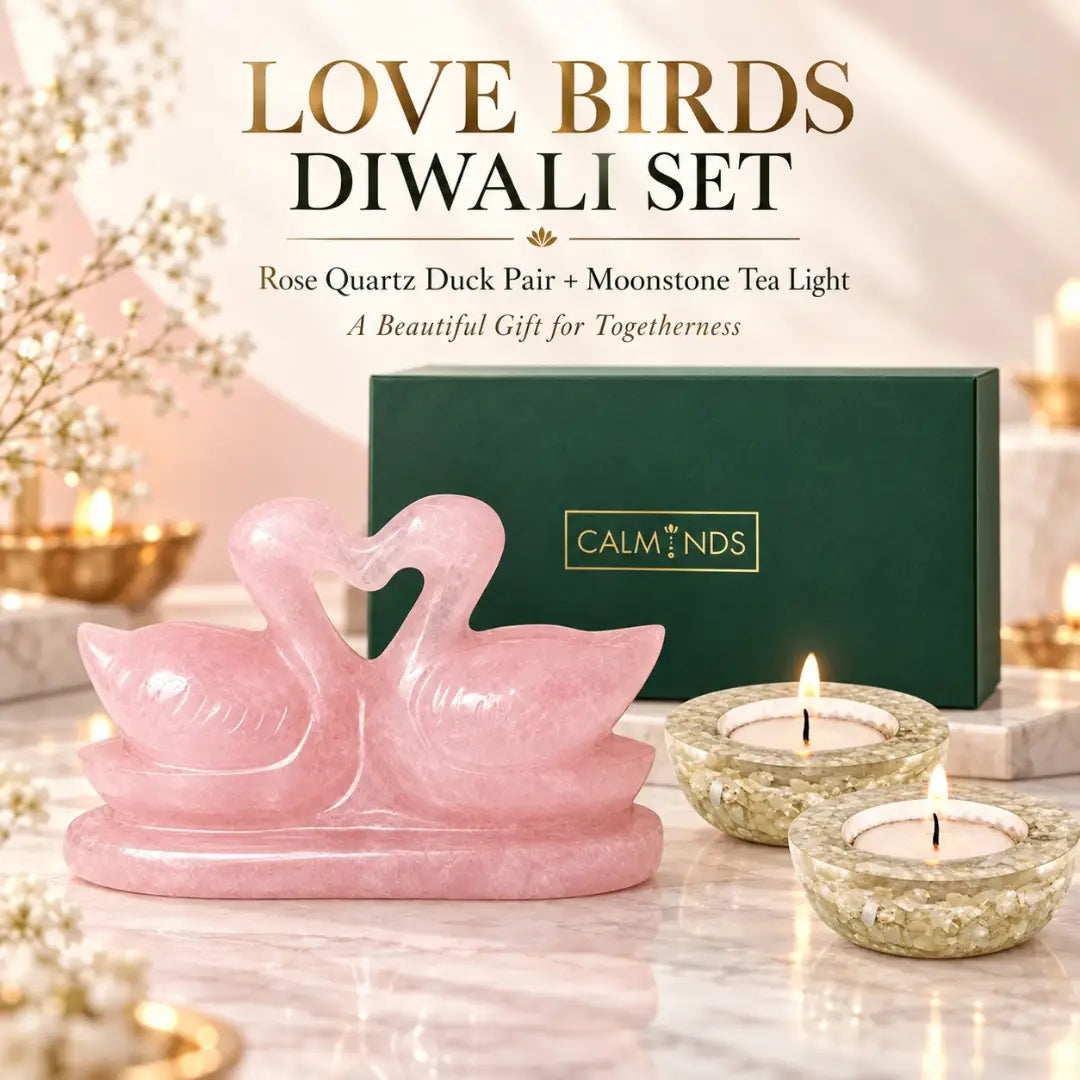 Love Birds Diwali set with rose quartz duck pair and moonstone tea lights