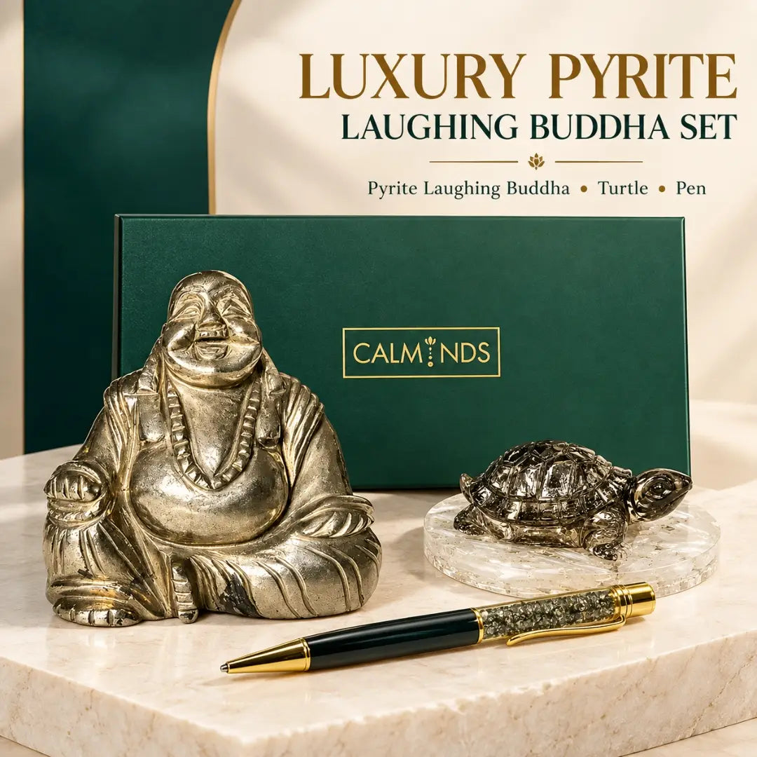 Luxury pyrite laughing Buddha set with pyrite turtle and pen