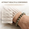 Pyrite crystal bracelet worn on a wrist with text highlighting benefits on a light background