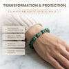 Green malachite crystal bracelet on a wrist with text about its benefits on a marble surface.