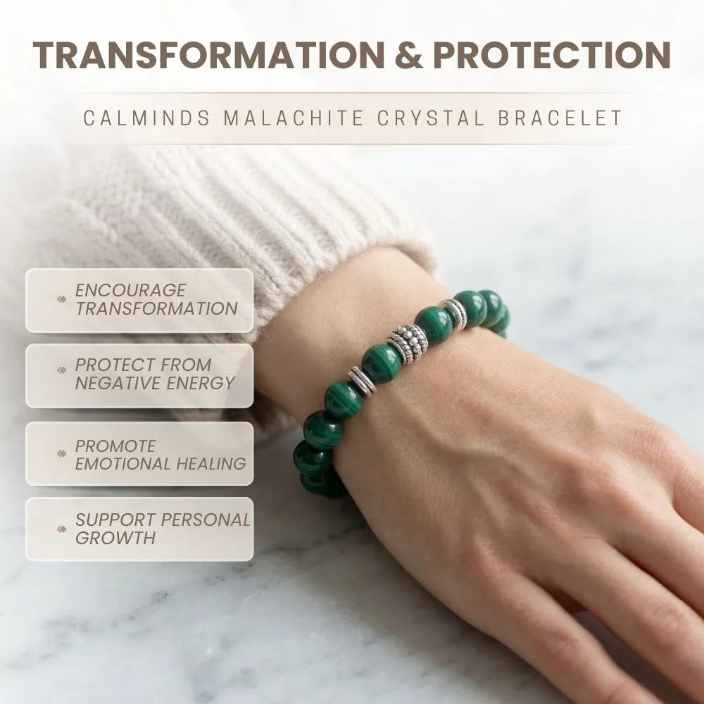 Green malachite crystal bracelet on a wrist with text about its benefits on a marble surface.