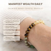 Money crystal bracelet worn on wrist with text highlighting benefits