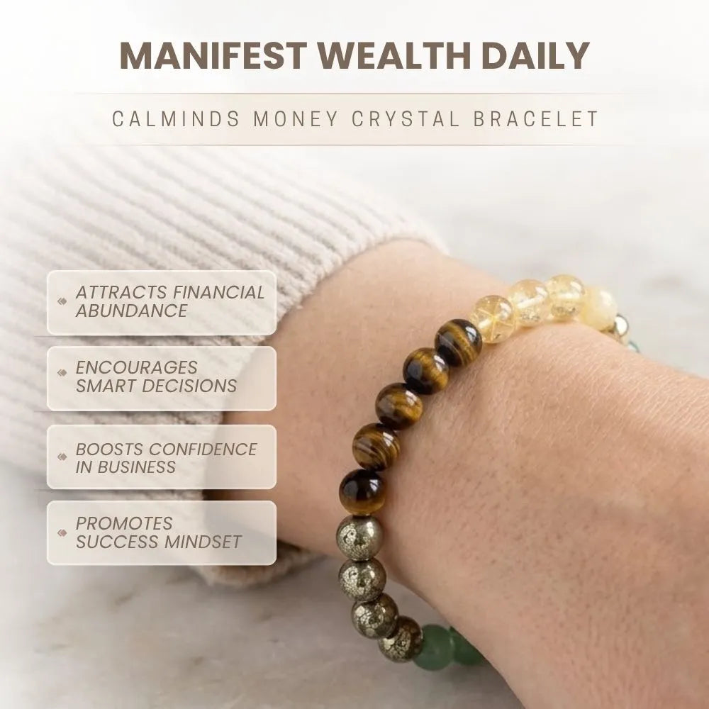 Money crystal bracelet worn on wrist with text highlighting benefits