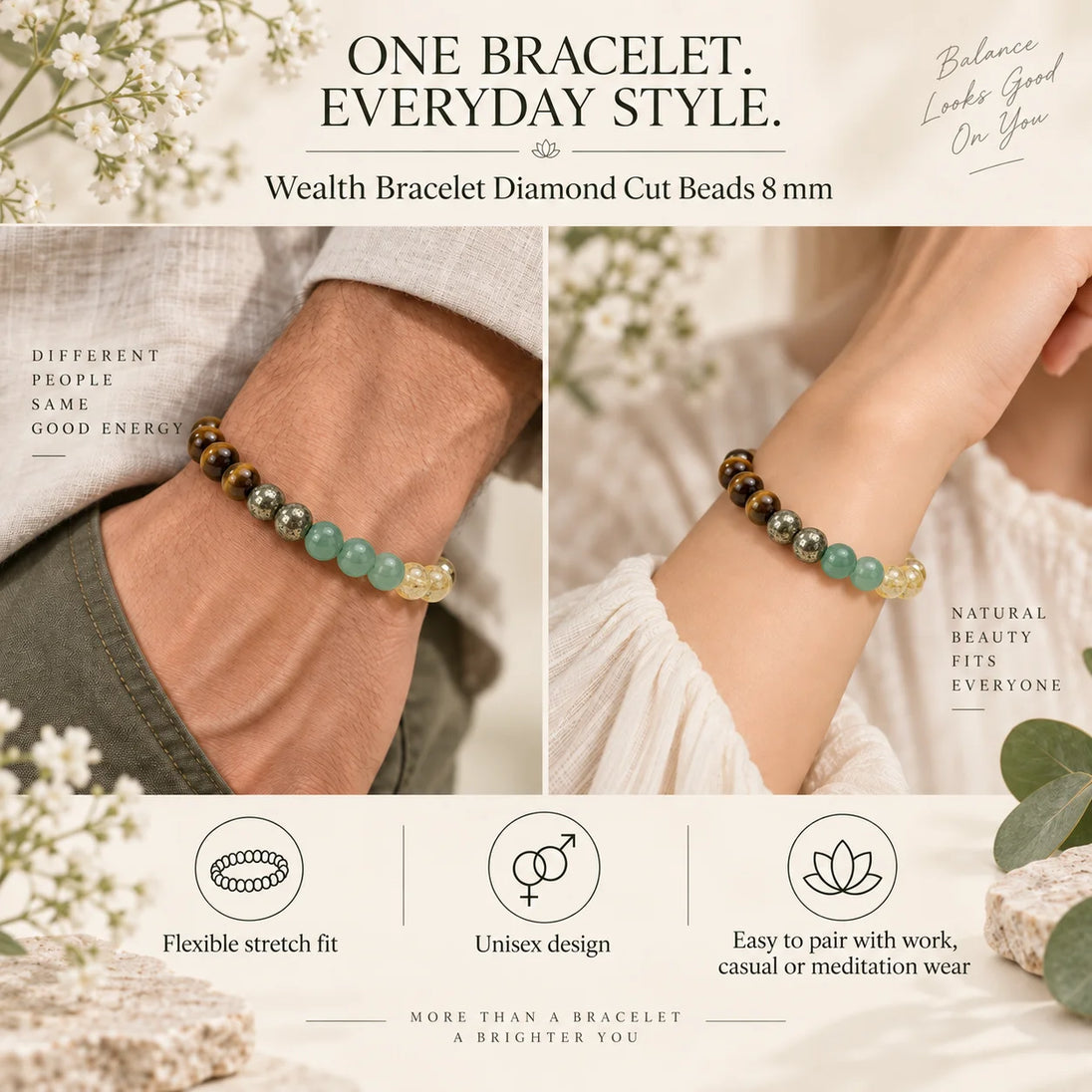 Money Magnet Bracelet – Five Prosperity Stones (8mm) – natural crystal beads by Calminds
