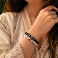 Moonstone & Black Tourmaline Bracelet Pair