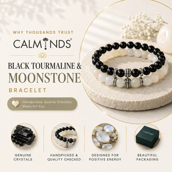 Moonstone & Black Tourmaline Bracelet Pair