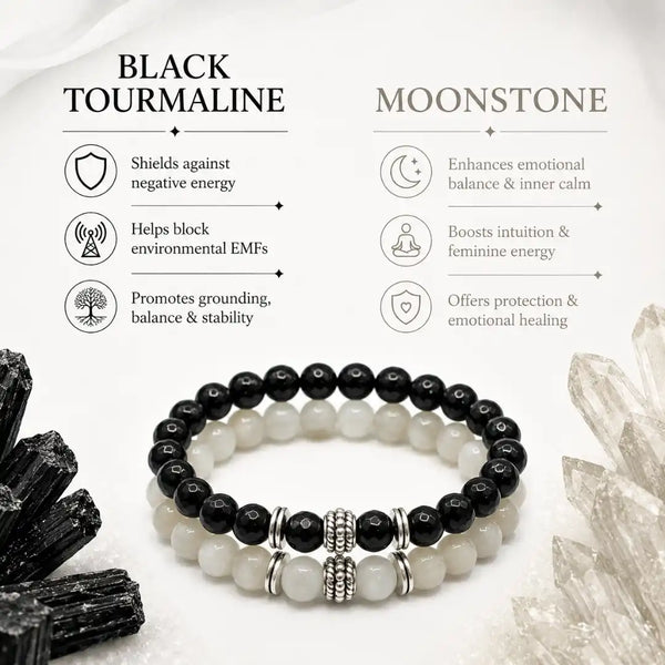 Moonstone & Black Tourmaline Bracelet Pair