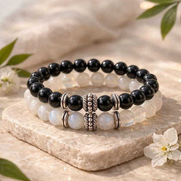Moonstone & Black Tourmaline Bracelet Pair