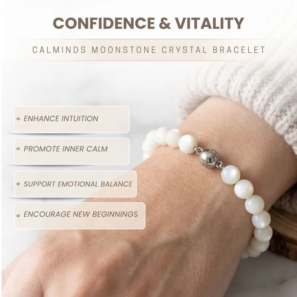 White beaded crystal bracelet on a wrist with text about its benefits.