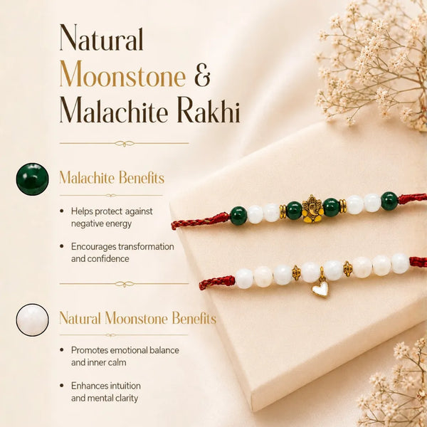 Natural Moonstone & Malachite — Heart & Harmony Bhaiya Bhabhi Rakhi Combo