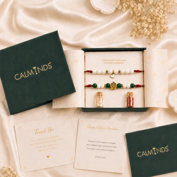 Natural Moonstone & Malachite — Heart & Harmony Bhaiya Bhabhi Rakhi Combo