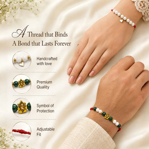 Natural Moonstone & Malachite — Heart & Harmony Bhaiya Bhabhi Rakhi Combo