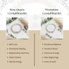 Two crystal bracelets with their respective benefits on a decorative background.