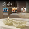 Two crystal bowls with a candle on a reflective surface, accompanied by text on benefits.