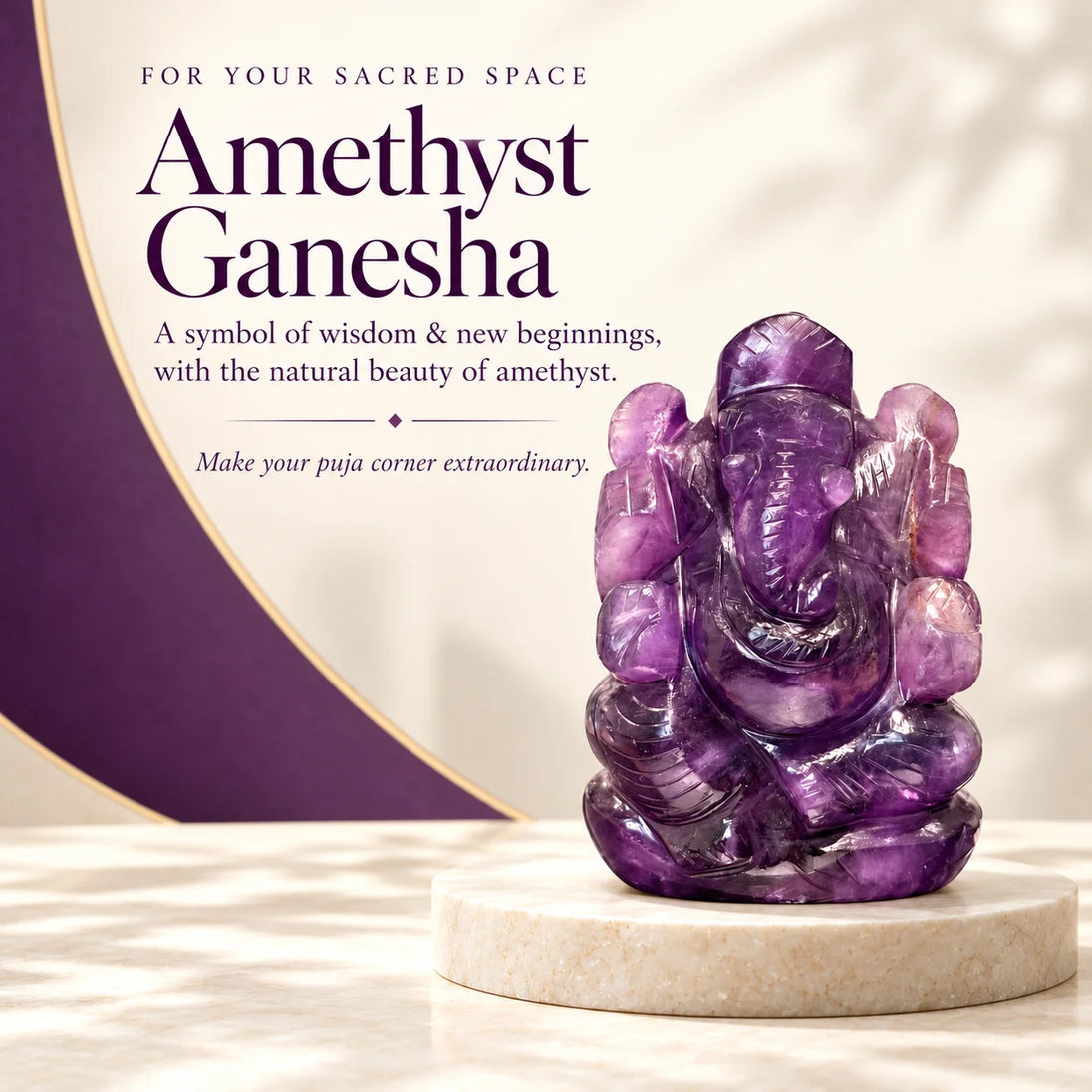Purple amethyst Ganesha idol on a round stone stand