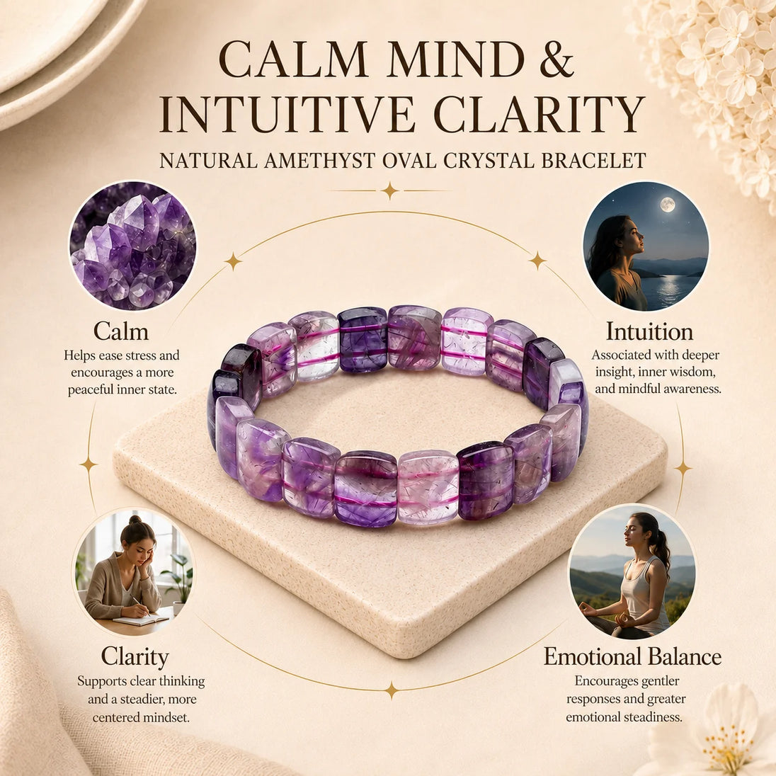 Natural Amethyst Oval Crystal Bracelet for calm and clarity