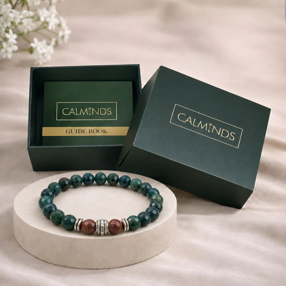 Calminds Natural Bloodstone Bracelet close-up showing green and red stone beads