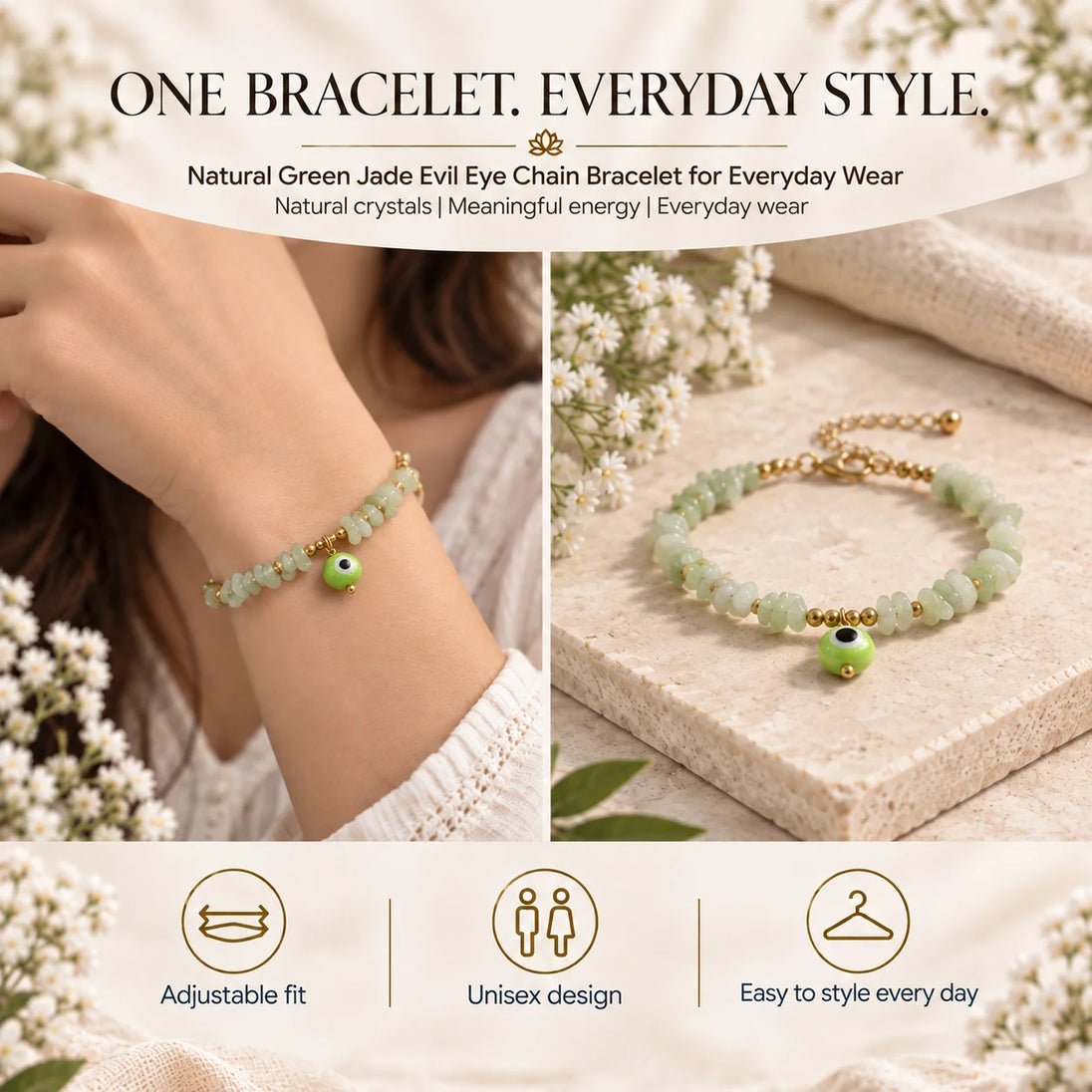 Natural Green Jade Evil Eye Chain Bracelet for Everyday Wear by Calminds