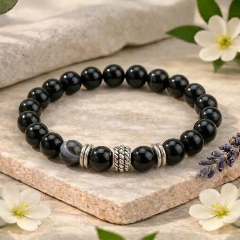 Black Onyx Beaded Bracelet with Silver Charm for Protection and Strength