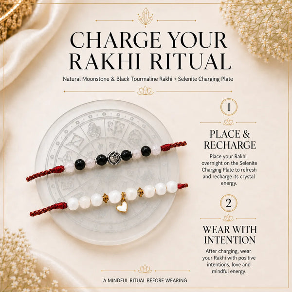 Natural Moonstone & Black Tourmaline — Shielded Serenity Bhaiya Bhabhi Rakhi Combo