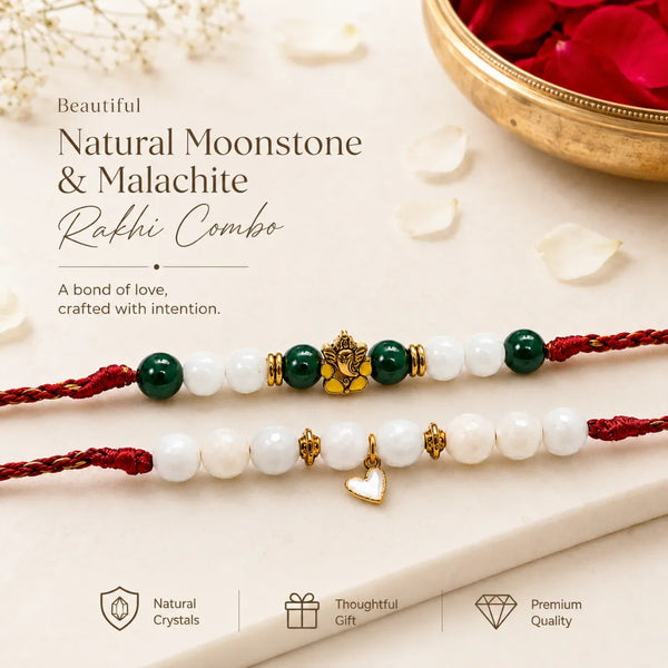 Natural Moonstone & Malachite — Heart & Harmony Bhaiya Bhabhi Rakhi Combo