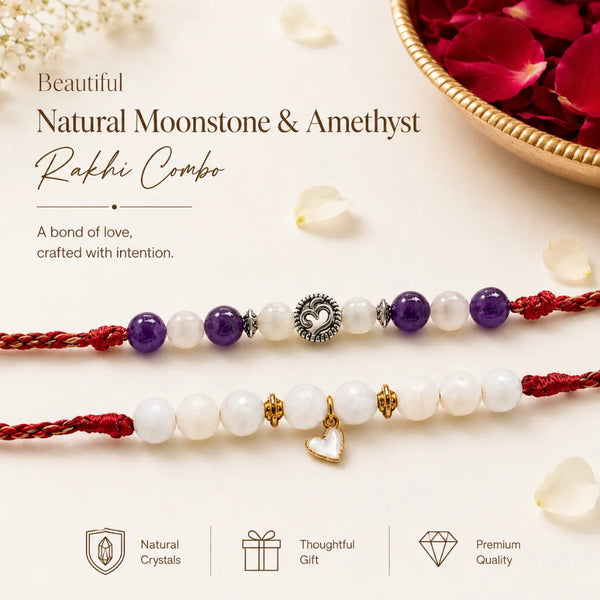 Natural Moonstone & Amethyst — Serene Bond Bhaiya Bhabhi Rakhi Combo