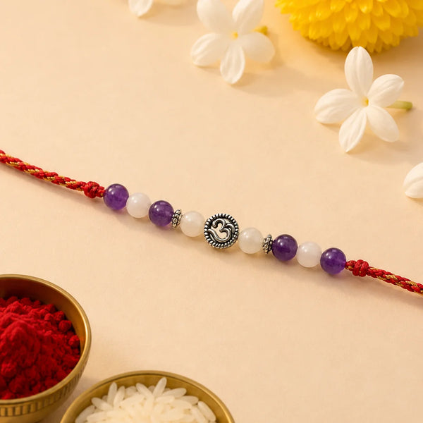Natural Moonstone & Amethyst — Calm Intuition Om Stone Rakhi for Brother