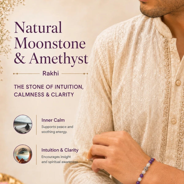 Natural Moonstone & Amethyst Om Stone Rakhi for Brother