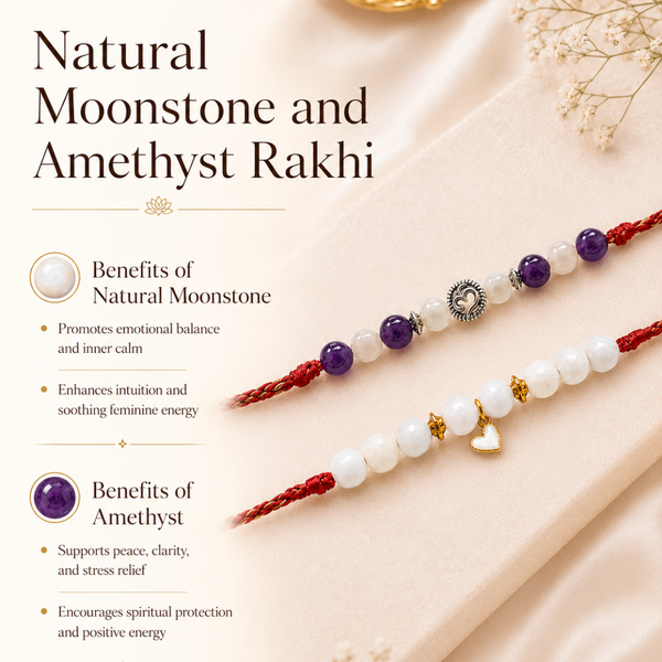 Natural Moonstone & Amethyst — Serene Bond Bhaiya Bhabhi Rakhi Combo