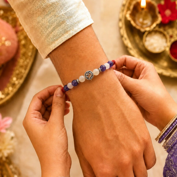 Natural Moonstone & Amethyst Om Stone Rakhi for Brother