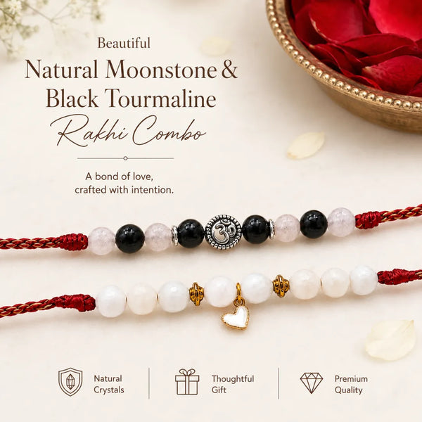 Natural Moonstone & Black Tourmaline — Shielded Serenity Bhaiya Bhabhi Rakhi Combo