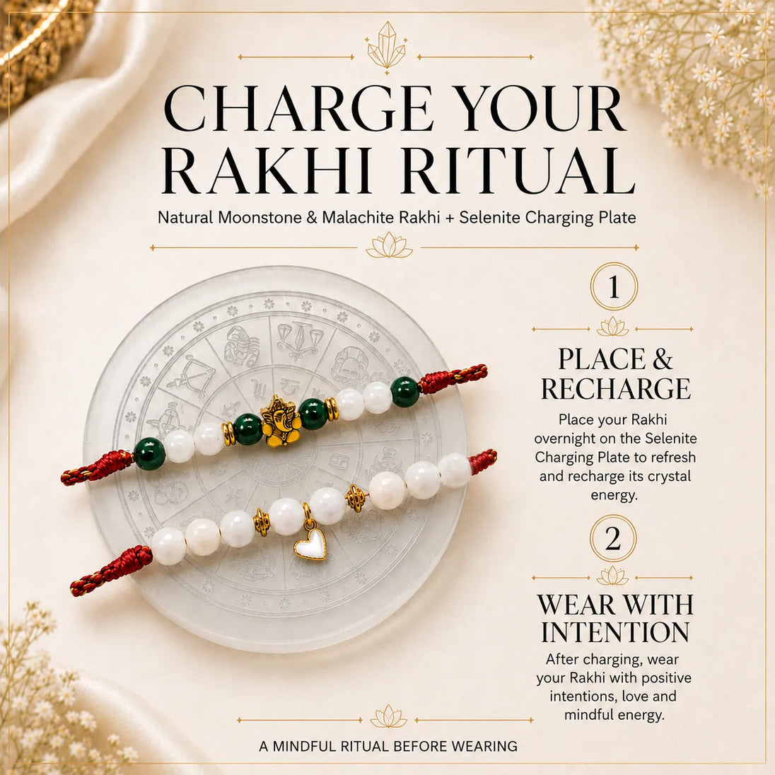 Natural Moonstone and Malachite Heart and Harmony Bhaiya Bhabhi Rakhi Combo, product image 3