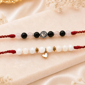 Natural Moonstone & Black Tourmaline — Shielded Serenity Bhaiya Bhabhi Rakhi Combo