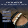 Moonstone healing bracelet on a wrist with promotional text about its features.