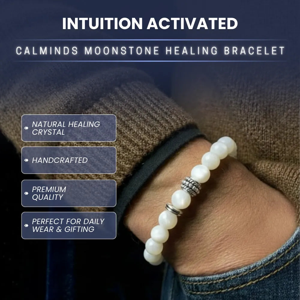 Moonstone healing bracelet on a wrist with promotional text about its features.