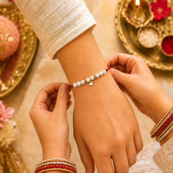 Natural Moonstone Heart Lumba Rakhi for Bhabhi & Sister