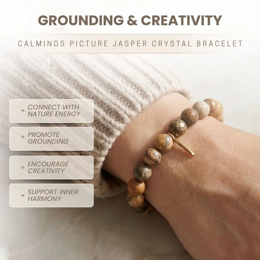 Crystal bracelet on a wrist with text about grounding and creativity
