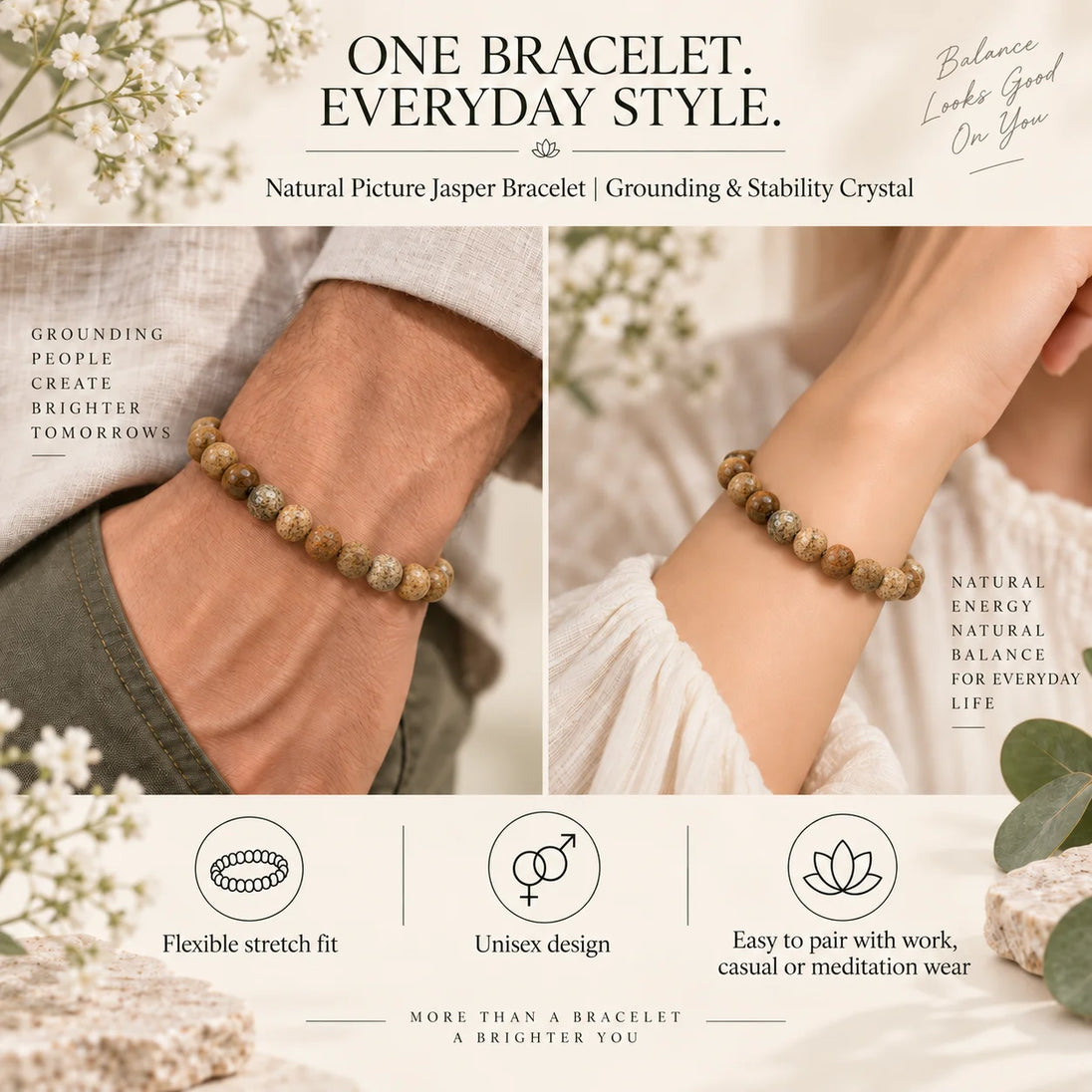Natural Picture Jasper Bracelet – Grounding & Stability Crystal – natural crystal beads by Calminds