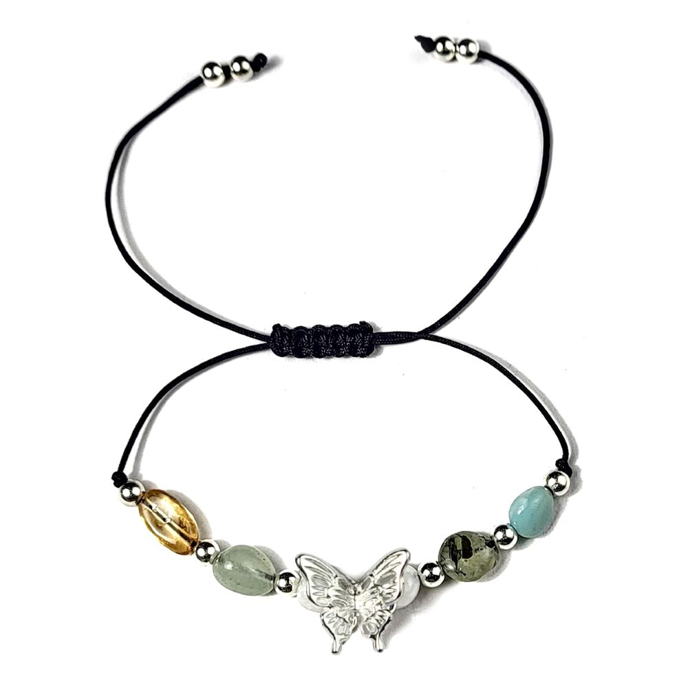 Bracelet with butterfly charm and colorful beads on a white background
