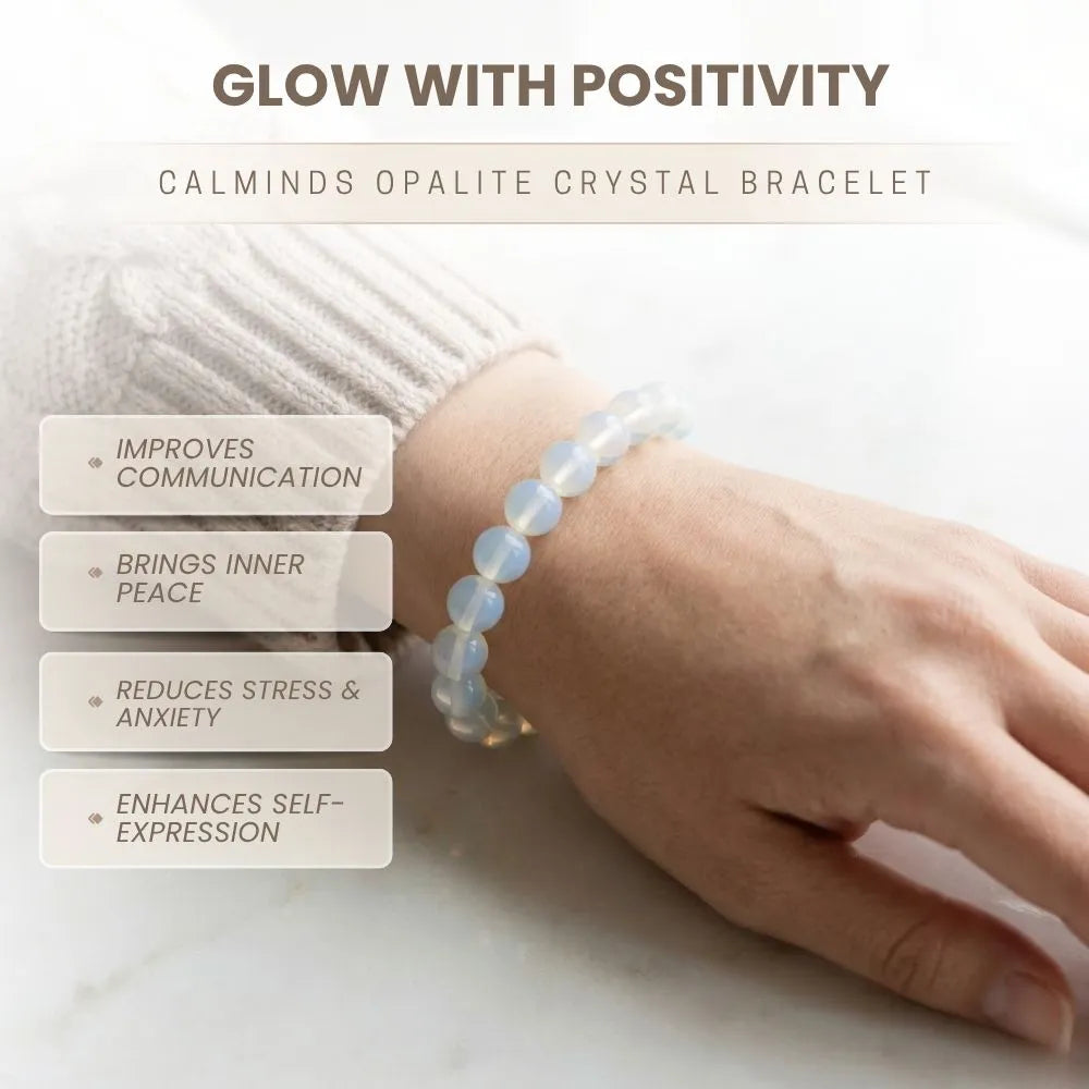 Opalite crystal bracelet on a wrist with text highlighting benefits on a light background
