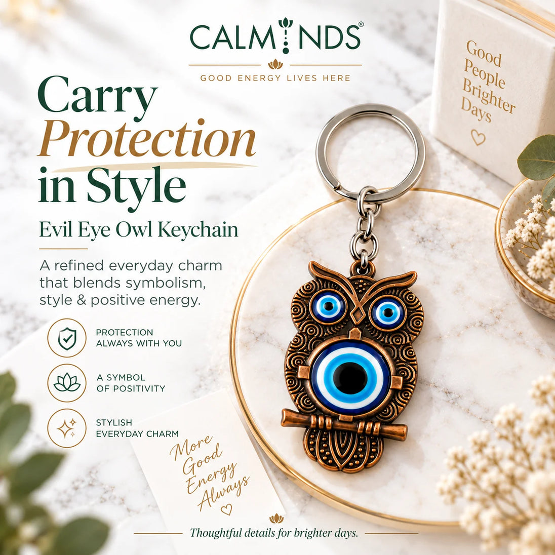 Evil Eye owl keychain close-up