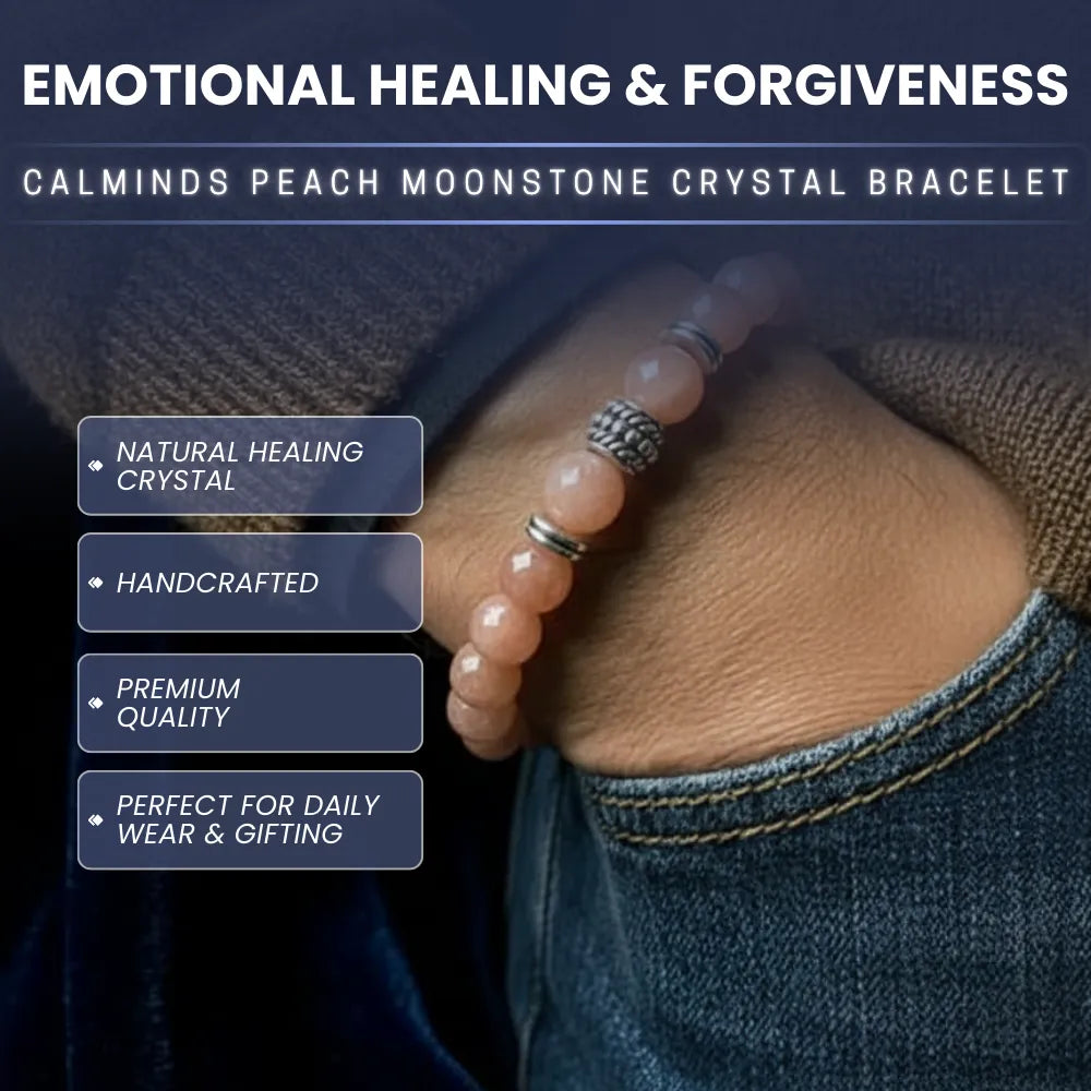 Crystal bracelet with text about emotional healing, forgiveness, and product features.