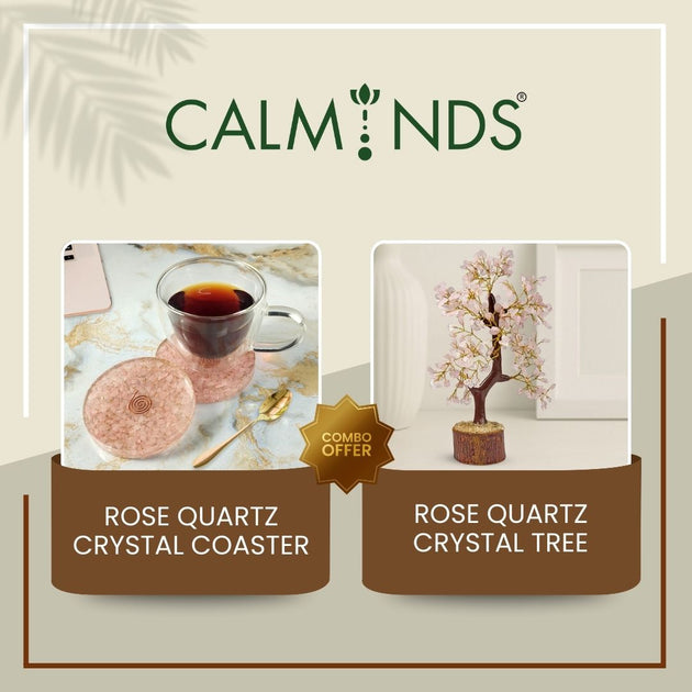 combo offer with rose quartz crystal coaster and tree on a beige background