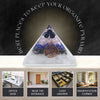 Triangular crystal pyramid with spiral design on a dark background with text about best places to keep it.