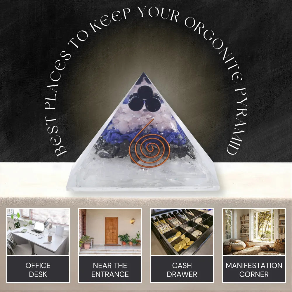 Triangular crystal pyramid with spiral design on a dark background with text about best places to keep it.
