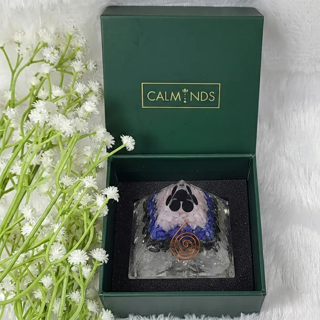 Decorative stone with a spiral design in a green 'CALMINDS' box with white flowers on a white background