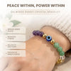 Calminds Shanti crystal bracelet on a wrist with text about its benefits.