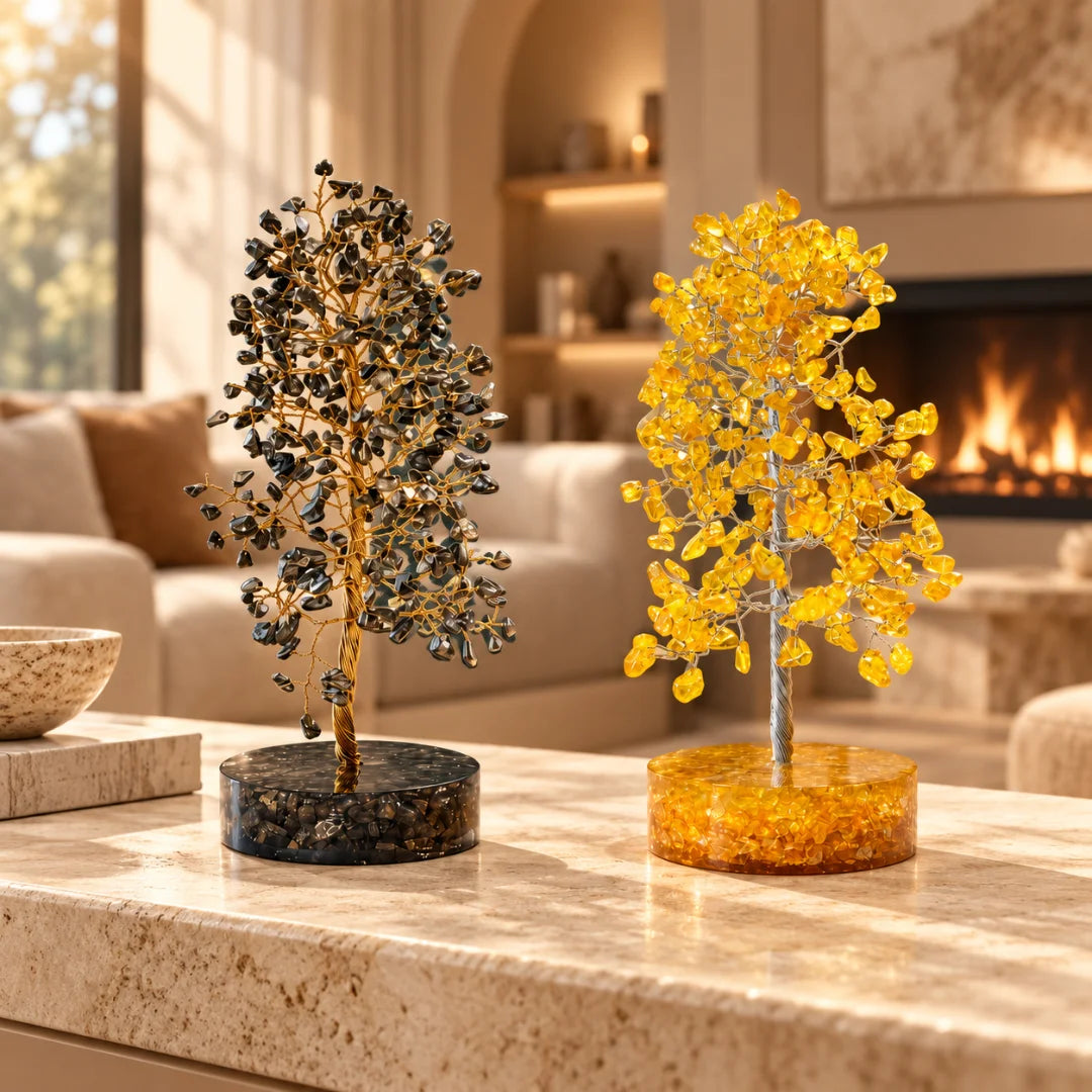 Prosperity Tree Duo with pyrite tree and citrine tree on orgonite base – what's inside