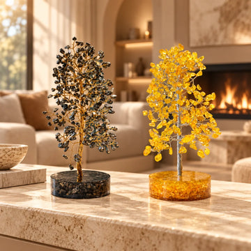 Prosperity Tree Duo with pyrite tree and citrine tree on orgonite base – what's inside